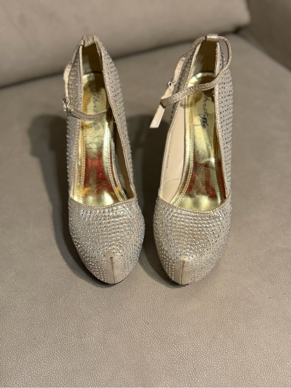 Herstyle Crystal-Studded Beige Ankle-Strap Heels